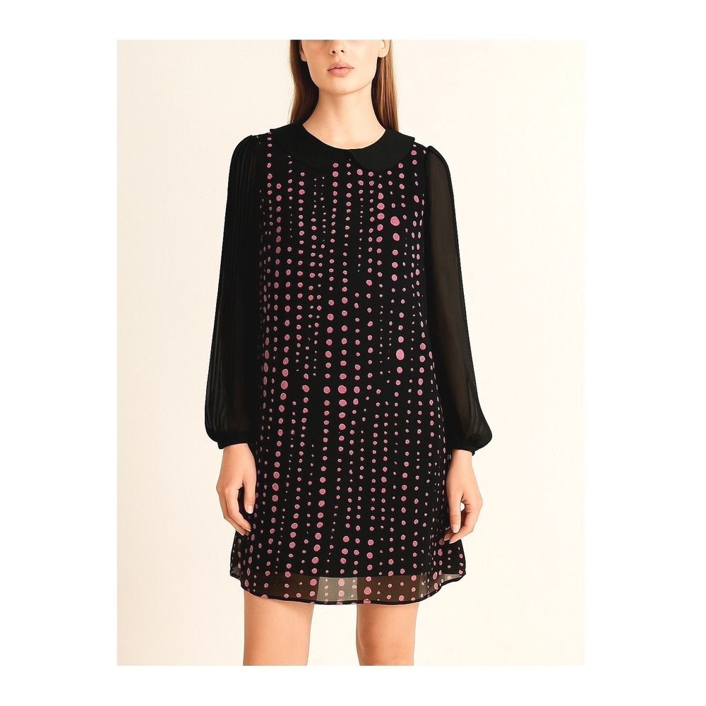 Therapy Dress 10 Black Pink Dots‎ Sheer Sleeves Peter Pan Collar Wednesday Adams